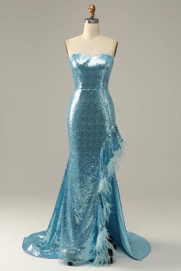 Vestido de fiesta de sirena de lentejuelas azul cielo con plumas